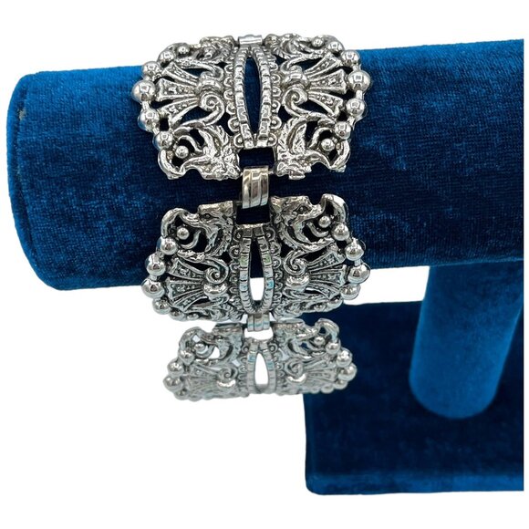 Vintage Silver Tone Filigree Bracelet Ornate Design Statement Jewelry Piece - Picture 1 of 5